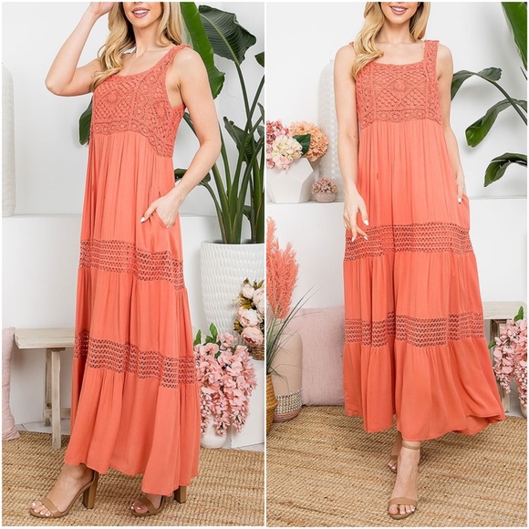 04 Boho Coral Sleeveless Pockets maxi Dress - Picture 3 of 3